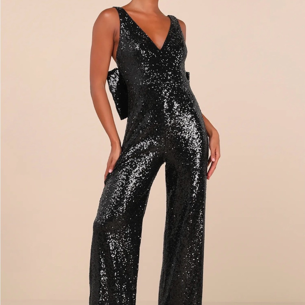 Lulus Black Sequin Bow Jumpsuit